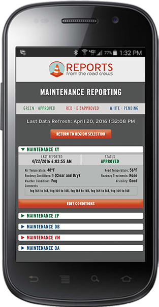 reports from road crews screen